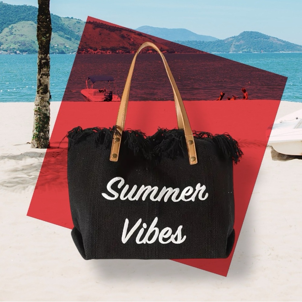 🆕 Modern - “Summer Vibes” - Black and Tan Tote Bag with Fringe Edge
